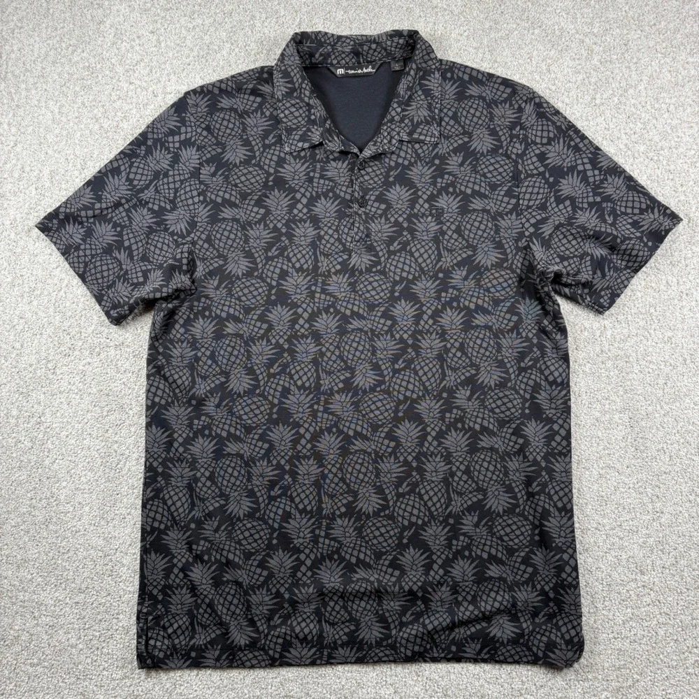 TravisMathew Polo Shirt Mens Large Black Pineapple Print Pima Cotton Blend